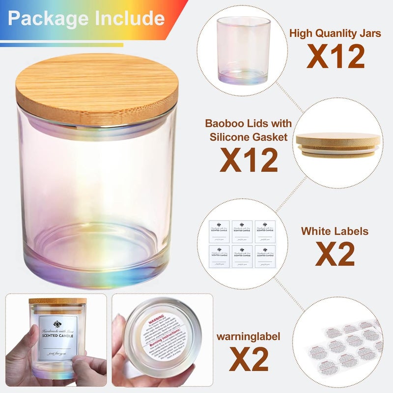 CONNOO 12 Pack 10 OZ Iridescent Glass Candle Jars for Making Candles with Airtight Bamboo Lids Nice Sticky Warning Labels for Candle Making Empty Container Bulk - Dishwasher Safe - Image 3